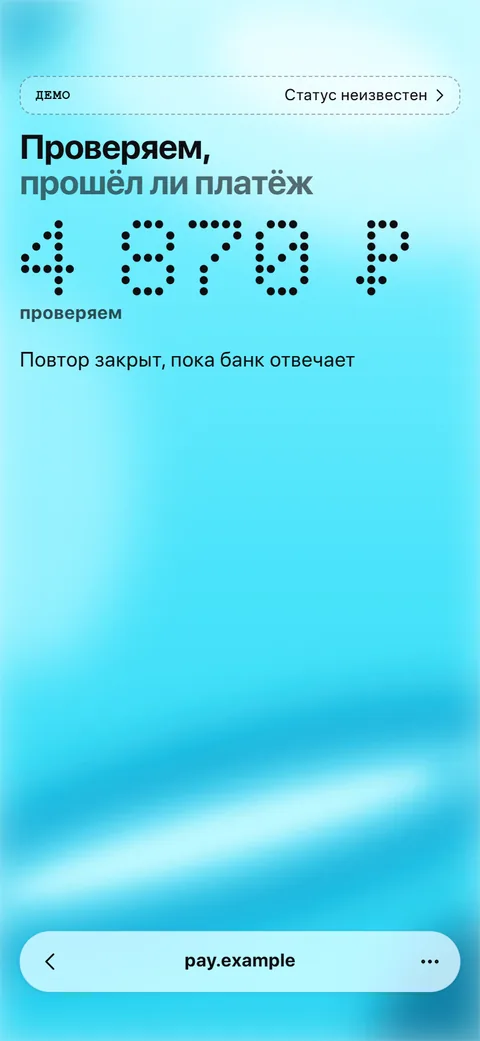 Экран «Проверяем, прошёл ли платёж»: сумма и строка о закрытом повторе, кнопок нет